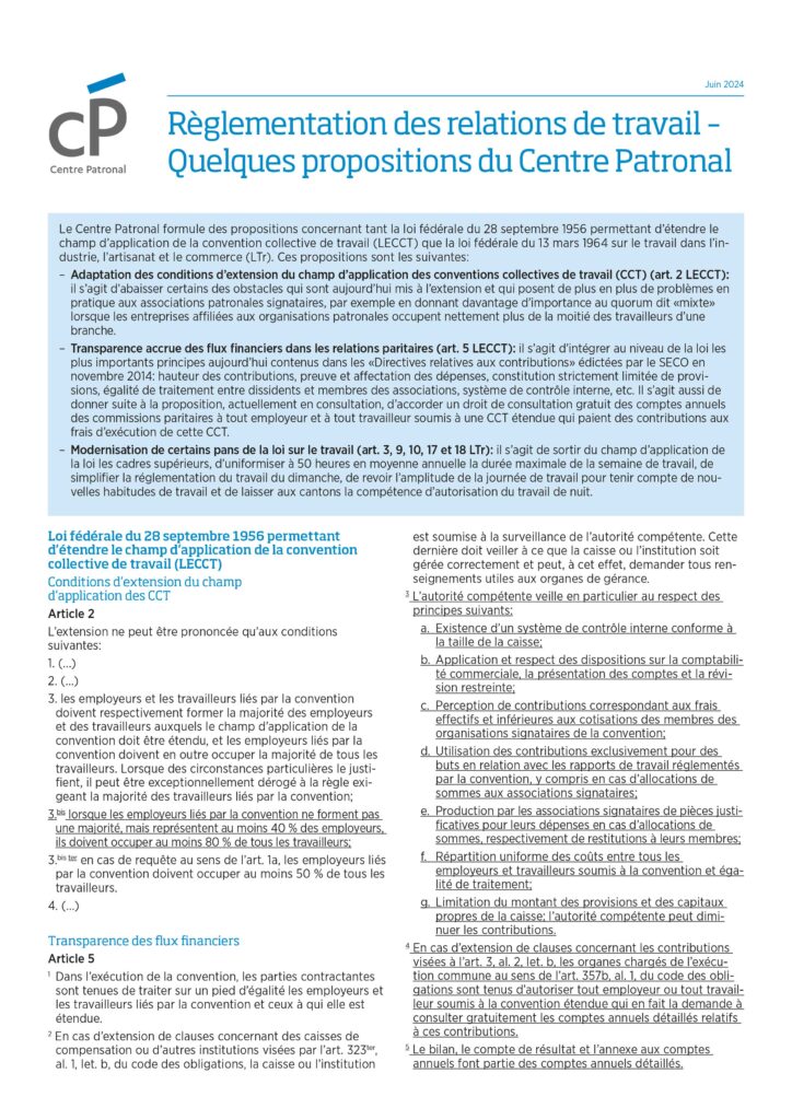 Règlementation des relations de travail Centre Patronal