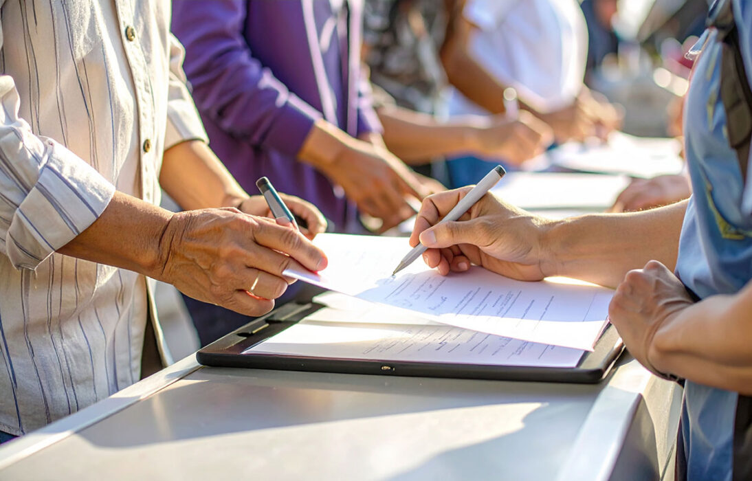 Volksrechte: mit Fingerspitzengefühl regulieren. Eine KI-Generierte Illustration zeigt Menschen beim Unterschriftensammeln in einer Parkanlage.