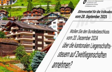 Der Muster-Stimmzettel für den 28. Sept. vor einer Immobiliensiedlung. Eigenmietwert abschaffen, aber nicht so. Am 28. September stimmen wir nicht nur über die Abschaffung der Eigenmietwertbesteuerung ab. Die Gesamtbetrachtung ergibt wegen wegfallender Steuerabzüge viele Verlierer. Die Mehrheit der Eigentümer, die Baubranche, Kreditnehmer ausserhalb der Immobilienbranche und sogar für die Allgemeinheit sind negative Auswirkungen zu erwarten.