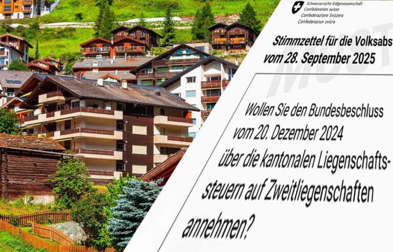 Der Muster-Stimmzettel für den 28. Sept. vor einer Immobiliensiedlung. Eigenmietwert abschaffen, aber nicht so. Am 28. September stimmen wir nicht nur über die Abschaffung der Eigenmietwertbesteuerung ab. Die Gesamtbetrachtung ergibt wegen wegfallender Steuerabzüge viele Verlierer. Die Mehrheit der Eigentümer, die Baubranche, Kreditnehmer ausserhalb der Immobilienbranche und sogar für die Allgemeinheit sind negative Auswirkungen zu erwarten.