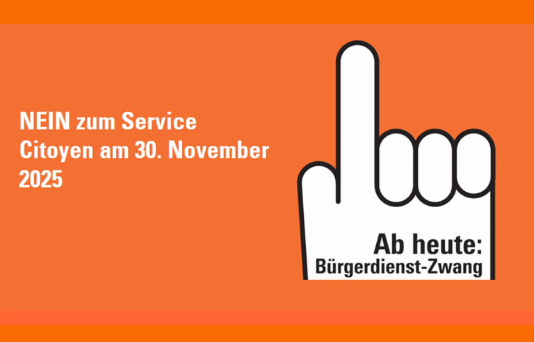 Buergerdienst-philosophisch-falsch-wirtschaftlich-unsinnig. Im Bild ist das Sujet der NEIN-Kampagne. Das reguläre Abstimmungsplakat mit erhobenem Zeigefinger ergänzt durch die NEIN-Parole auf orangem Hintergrund.