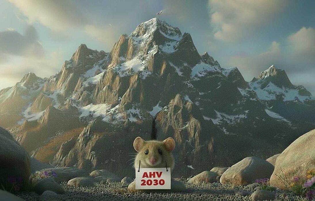 Eine Maus mit umgehängten Schild im Vordergrund eines grossen Berges.