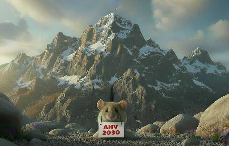 Eine Maus mit umgehängten Schild im Vordergrund eines grossen Berges.