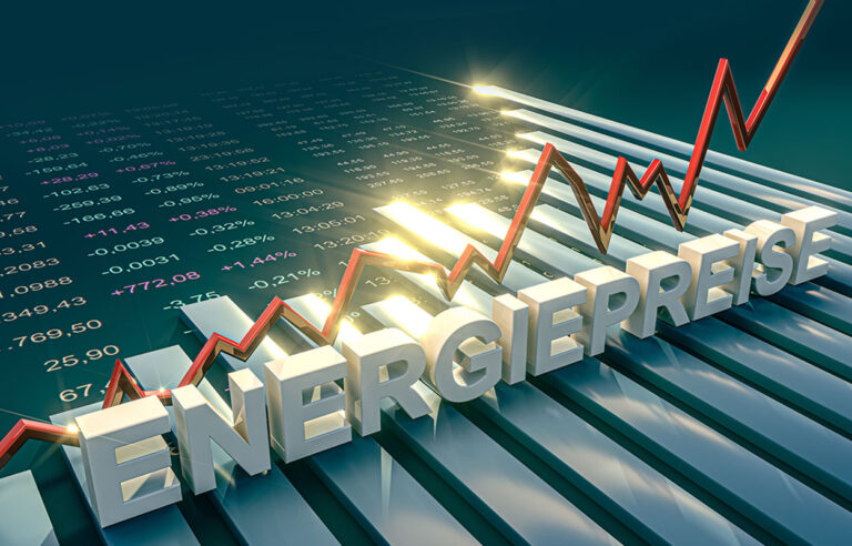 Steigende Energiekosten: Auswirkungen und Abhilfe. Ein Chart mit ansteigender Trendlinie über dem Wort Energiepreise verdeutlicht die aktuelle Preis-Entwicklung.