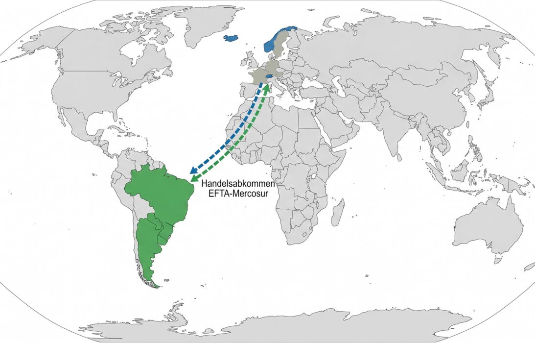 EFTA-Mercosur-Abkommen-Nationalrat-lehnt-ab. Die Grafik zeigt auf der Weltkarte die Handelsströme zwischern Mercosur und Efta.