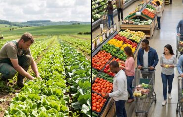 Ernaehrungsinitiative-Ein-fader-Beigeschmack-Im zweigeteilten Bild ist links eine landwirtschaftliche Produktionsfläche, rechts das Angbot im Supermarkt zu sehen.